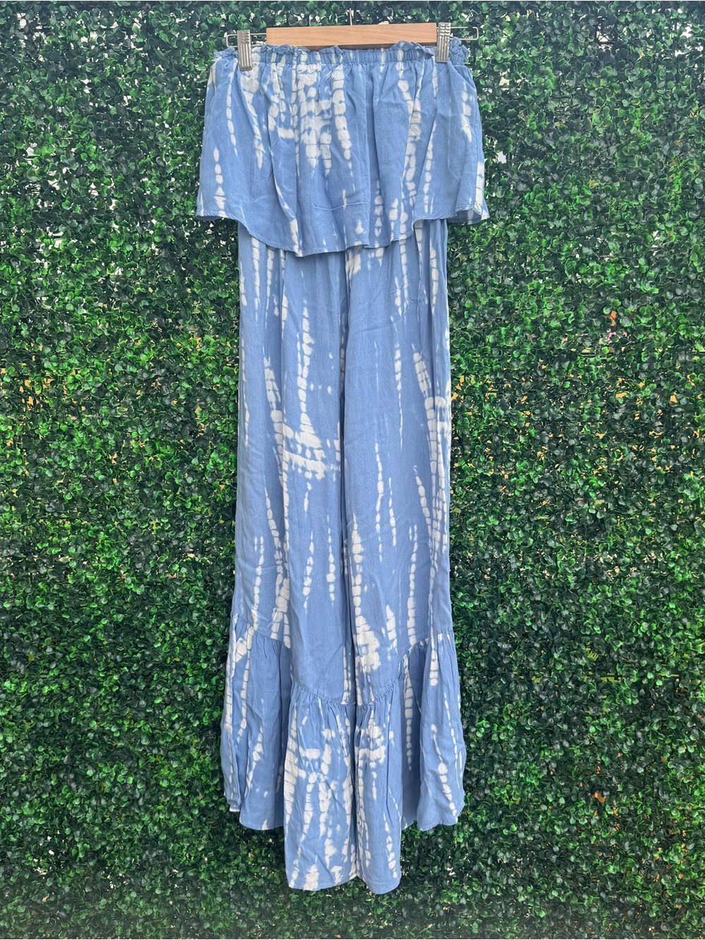 Japna Blue Tie-Dye Off-Shoulder Ruffle Maxi jumpsuit
